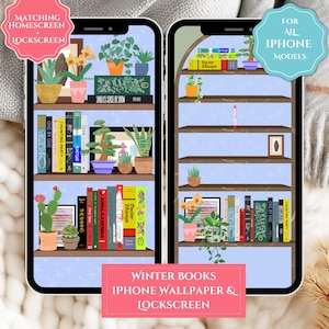 Winter Bookshelf iPhone Wallpaper, Winter Book iPhone Theme, Book Lover's Phone Lockscreen, Bookshelf-Style Wallpapers, Bookcase Homescreen