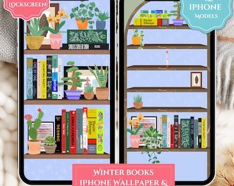 Winter Bookshelf iPhone Wallpaper, Winter Book iPhone Theme, Book Lover's Phone Lockscreen, Bookshelf-Style Wallpapers, Bookcase Homescreen