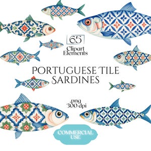 Op de afbeelding: Een verzameling digitale illustraties met meerdere sardines versierd met blauwe, witte en oranje Portugese tegelpatronen. De tekst luidt 65 Clipart Elements, PORTUGUESE TILE SARDINES, .png 300 dpi en COMMERCIAL USE.