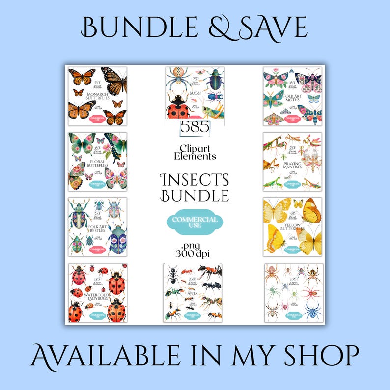 Puede incluir: Un paquete de im&aacute;genes predise&ntilde;adas digitales con 585 elementos de insectos en formato PNG a 300 dpi. La colecci&oacute;n incluye ilustraciones de mariposas monarca, insectos, polillas, mariposas florales, mantis religiosas, escarabajos, mariposas amarillas, mariquitas, hormigas y ara&ntilde;as.