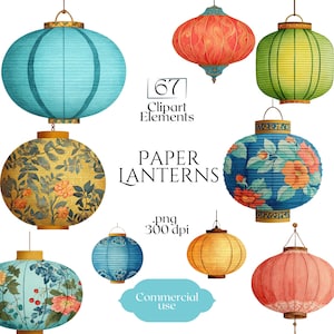 May include: A selection of colourful paper lanterns in diverse shapes and designs. The lanterns display floral patterns, solid colours, and decorative accents. Text on the image reads "Paper Lanterns" and "Commercial Use".