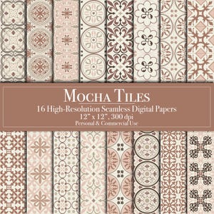Mocha Brown Tiles Digital Paper Bundle, bezszwowe wzory, papier do scrapbookingu, Junk Journal Planner do użytku komercyjnego, natychmiastowe pobieranie, kawa