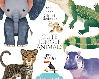 Cute Jungle Animals Clipart, Safari Animal PNG Bundle, Tropical Wildlife Illustration Set, Exotic Zoo Creatures, Commercial Use Graphics