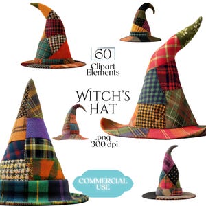 May include: A collection of patchwork witch hats in various sizes and angles. The hats feature a variety of plaid and patterned fabrics in colors like green, orange, red, and purple. Text includes "Witch's Hat", "60 Clipart Elements", and "Commercial Use".