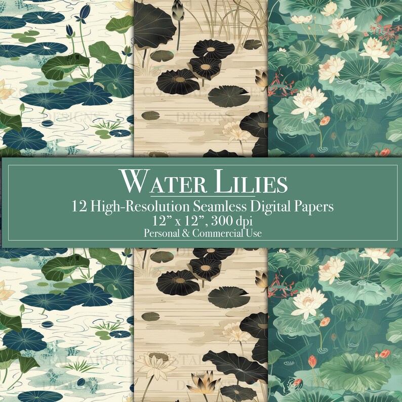 Water Lilies Digital Paper, Lotus Flowers Seamless Digital Scrapbook ...