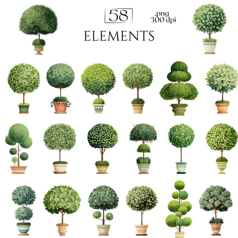 Topiary Clipart, Garden Tree Elements, Potted Greenery Clip Art, Formal Landscape Decorative Plant Illustrations Commercial Use Plant Images