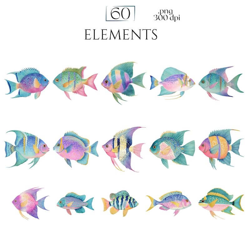 Pastel Fish Clipart, Delicate Coastal PNG Graphics, Tropical Fish Illustrations (60 Files, Transparent Background)