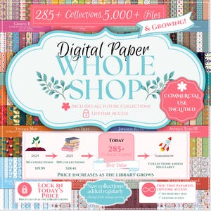 May include: A digital paper collection bundle featuring over 285 collections and 5,000 files. The graphic displays the text Digital Paper WHOLE SHOP, includes lifetime access, commercial use, and a visual timeline showing growth from 2024 to 2025.