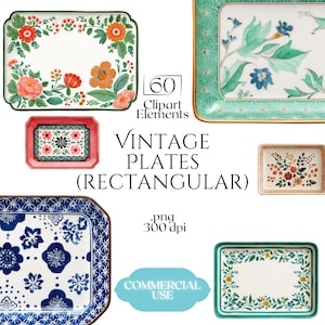 Op de afbeelding: Een verzameling rechthoekige vintage borden met bloemmotieven. De borden hebben verschillende kleurenschema's, waaronder rood, oranje, blauw en groen, met ingewikkelde patronen en randen. Tekst op de afbeelding luidt "Vintage Plates (Rectangular)" en "60 Clipart Elements".