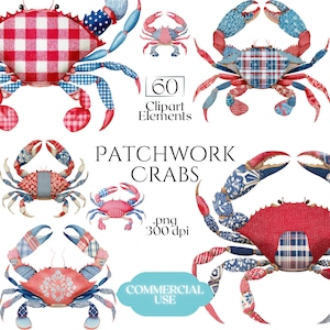 May include: A collection of digital illustrations featuring crabs with patchwork patterns in red, white, and blue. The image includes text stating 60 Clipart Elements, PATCHWORK CRABS, .png 300 dpi, and COMMERCIAL USE. The crabs display various fabric textures.