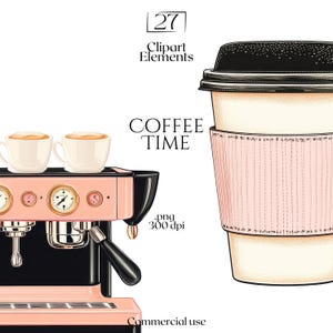 Clipart de café, PNG de café boho, Clip Art de amante del café rosa, Efímera de diario basura de café con leche, Adornos de álbum de recortes de café, Uso comercial