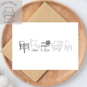Mid-century moderne Stühle druckbare leere Karte, sofortiger Download Druck zu Hause Karten, Last-Minute-Karten mit DIY-Umschlag, kultige Designer