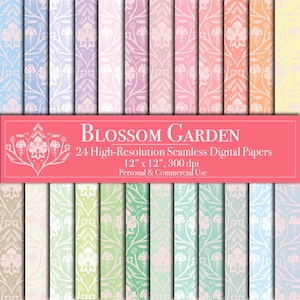 Papeles digitales Blossom Garden, patrón sin costuras de inspiración india, papel de álbum de recortes, uso comercial, fondos de etiquetas, diario basura, planificador floral