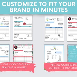 May include: A collection of invoice templates with various designs and color schemes. The templates feature sections for company details, billing information, and payment details. The text "CUSTOMIZE TO FIT YOUR BRAND IN MINUTES" is at the top, with additional text at the bottom.