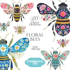 May include: A set of watercolour illustrations of bees adorned with floral patterns. The bees display detailed designs and vivid colours, including pink, blue, and yellow. Text includes "60 Clipart Elements", "Floral Bees", ".png 300 dpi", and "Commercial Use".