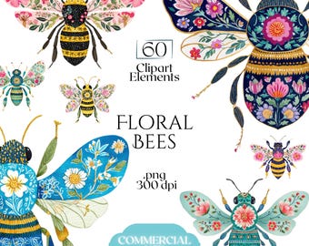 Floral Bees Clipart, Bees and Flowers Illustrations, Folk Art Bee Graphics (60 Files, Transparent Background)