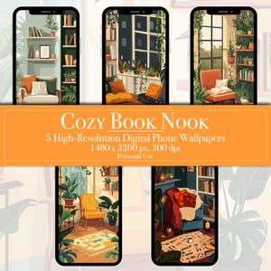 May include: Five digital phone wallpapers featuring cozy book nooks with warm lighting, comfortable furniture, and bookshelves filled with books. The wallpapers are in a digital art style with vibrant colors and intricate details.