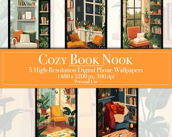 Op de afbeelding: Vijf digitale telefoonachtergronden met knusse leeshoekjes met warm licht, comfortabele meubels en boekenkasten vol boeken. De achtergronden zijn in een digitale kunststijl met levendige kleuren en ingewikkelde details.