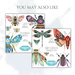 May include: Digital art prints featuring watercolor illustrations of insects, including bees, dragonflies, and beetles. The prints are labeled "Floral Bees" and "Art Deco Insects" with the text "Commercial Use". The images have a white background.