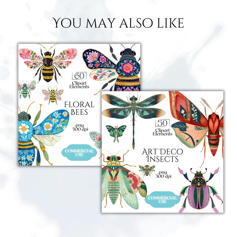 May include: Digital art prints featuring watercolor illustrations of insects, including bees, dragonflies, and beetles. The prints are labeled "Floral Bees" and "Art Deco Insects" with the text "Commercial Use". The images have a white background.