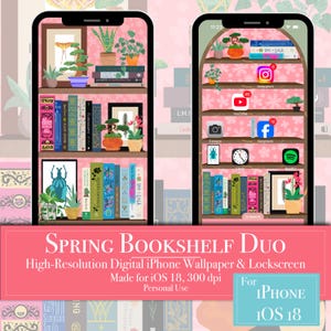 Spring Bookshelf Wallpaper for iPhone iOS 18 - Large Icons Friendly I Lock Screen and Wallpaper Matching Duo I Seasonal Book Lover&#39;s Gift