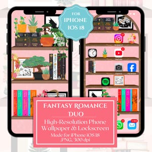 Fantasy Romance Books Wallpaper, iPhone iOS 18 Wallpaper, Large Icons Friendly, Lock Screen Wallpaper, Fantasy Romance Bookshelf Duo