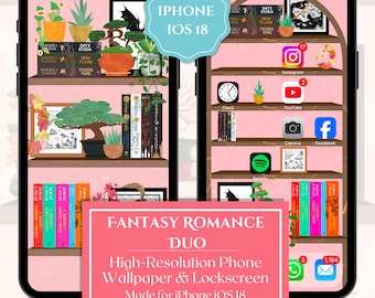 Fantasy Romance Books Wallpaper, iPhone iOS 18 Wallpaper, Large Icons Friendly, Lock Screen Wallpaper, Fantasy Romance Bookshelf Duo