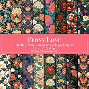 Papéis digitais de peônia, padrões florais sem costura para scrapbooks digitais, fundos de diário para uso comercial, cartões para impressão DIY