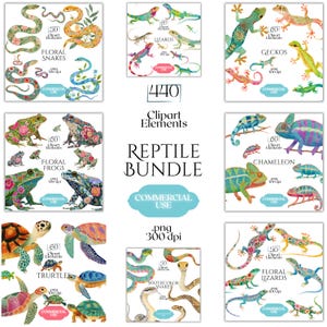 Puede incluir: Un paquete de arte digital con varios reptiles, incluyendo serpientes, lagartos, gecos, ranas, tortugas y camaleones. Cada reptil está adornado con patrones florales y efectos de acuarela. El paquete incluye el texto "Reptile Bundle" y "Commercial Use".
