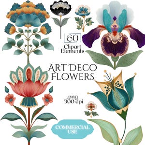 Puede incluir: Una colección digital de 60 elementos de clipart de flores Art Déco en formato PNG a 300 dpi. El conjunto presenta varias ilustraciones botánicas en tonos verde azulado, naranja, rojo y morado, incluyendo tallos y hojas detallados.