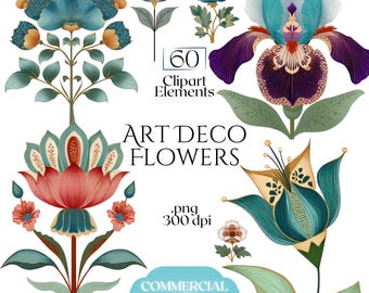 Imágenes prediseñadas de flores art déco, gráficos PNG florales clásicos, ilustraciones botánicas ornamentales de la década de 1920 (60 archivos, fondo transparente)