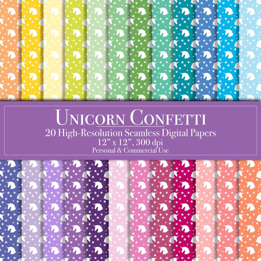 Rainbow Unicorn Confetti Digital Paper Bundle, Seamless Pattern Set ...