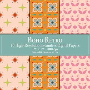 Boho Retro Digital Papers, Seamless Pattern Scrapbook Paper Commercial Use, Instant Download Junk Journal, Printable, Mod flowers, Stars DIY image 5