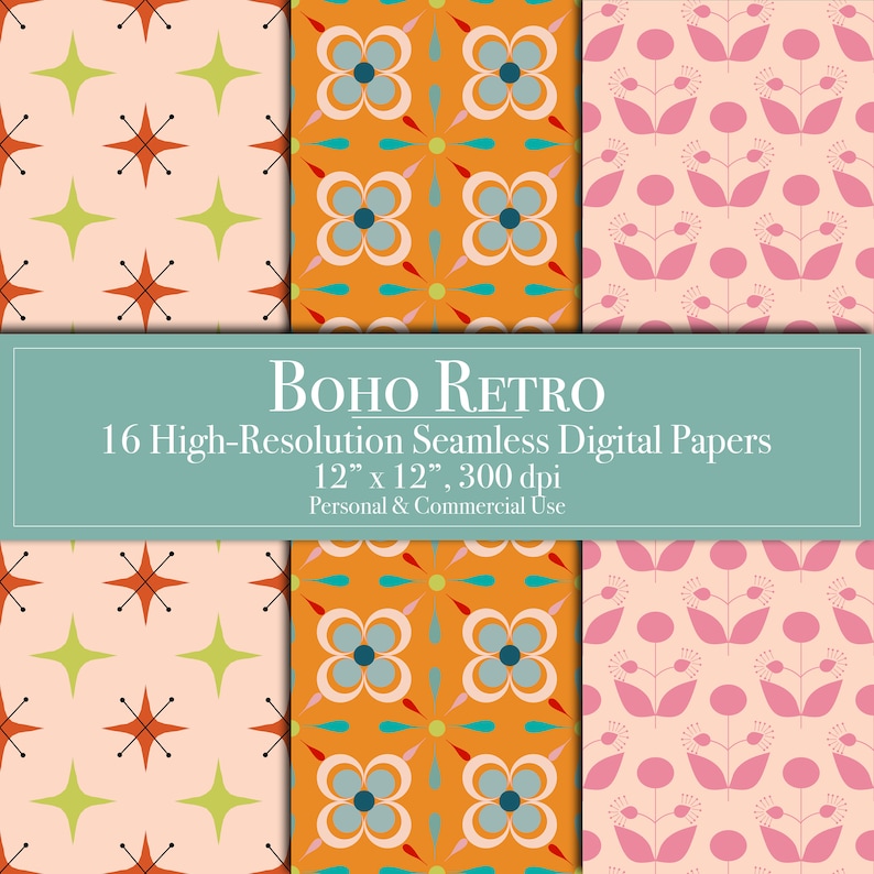 Boho Retro Digital Papers, Seamless Pattern Scrapbook Paper Commercial Use, Instant Download Junk Journal, Printable, Mod flowers, Stars DIY image 5