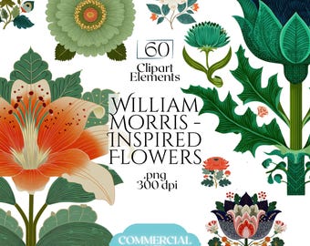William Morris Flowers Clipart, Arts and Crafts Floral Graphics, Vintage Botanical Flower Illustrations for Decor, Junk Journals, & Design