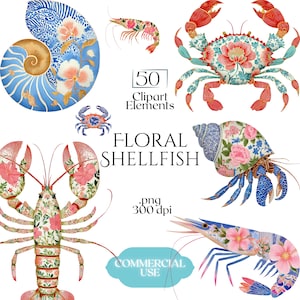 Puede incluir: Una colección de ilustraciones en acuarela con varias criaturas marinas, incluyendo un cangrejo, una langosta, un camarón y una concha, adornadas con patrones florales. La imagen incluye el texto "50 Clipart Elements" y "Floral Shellfish."