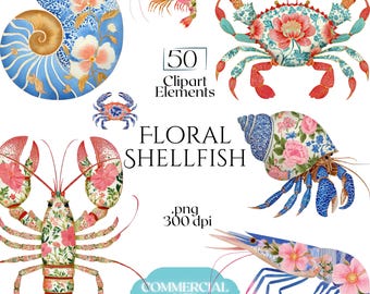Floral Shellfish Clipart, Coastal Botanical Crab Lobster PNG, Chinoiserie Ocean Shrimp Seashell Graphics (50 Files, Transparent Background)
