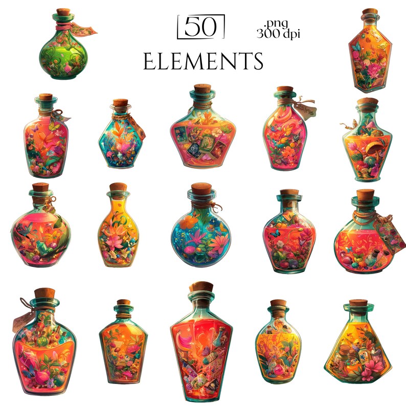 Fantasy potion bottle PNG elements with enchanted plants, glowing liquids, and magical objects inside