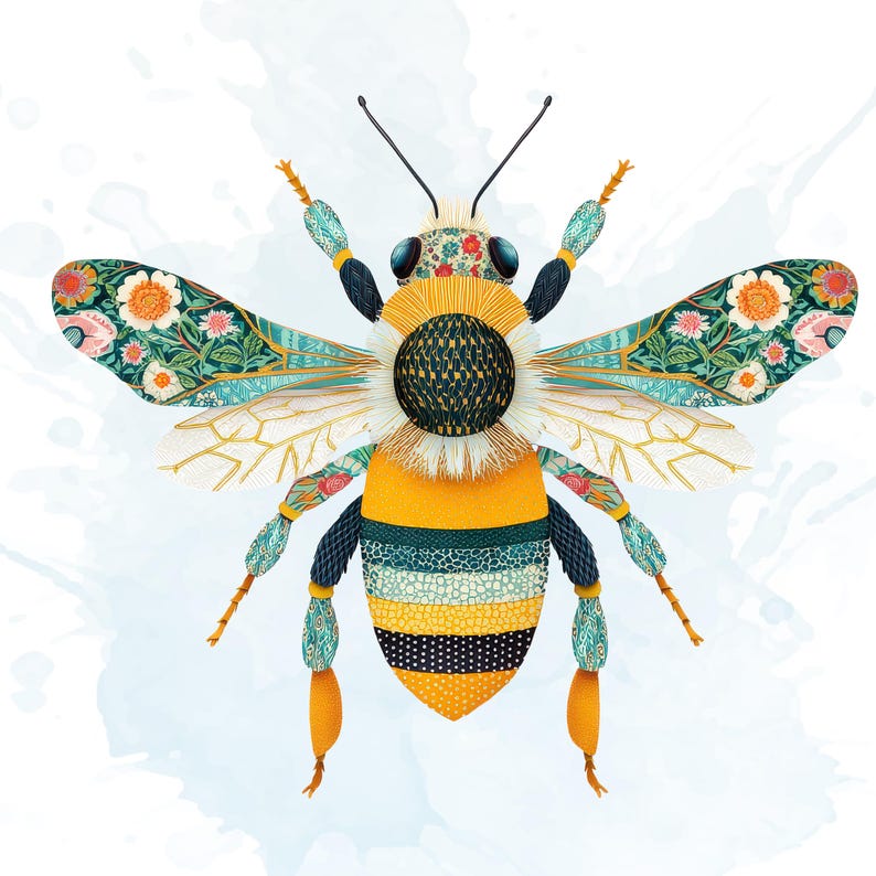 Patchwork Bee Clipart, Quilted Bees PNG Images, Decorative Bee Graphics (50 Files, Transparent Background)