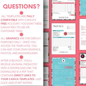 May include: A collection of invoice templates with floral and geometric designs in pink, blue, and white. The templates include the word "Invoice" and the text "Thank You". The text "Questions?" is also visible.