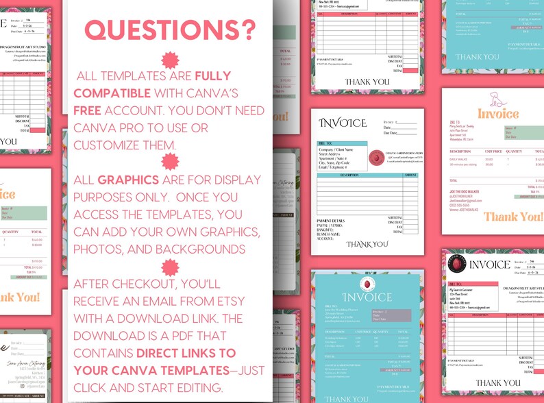 May include: A collection of invoice templates with floral and geometric designs in pink, blue, and white. The templates include the word "Invoice" and the text "Thank You". The text "Questions?" is also visible.