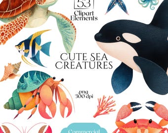 Cute Sea Creatures Clipart, Ocean Animal PNG Bundle, Sea Life Illustration Set, Underwater Marine Creatures, Commercial Use Fish Graphics