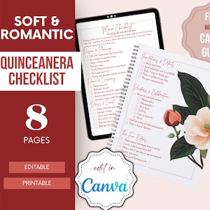 May include: A digital quinceañera checklist with a soft, romantic theme. The image shows a tablet and a spiral-bound notebook with checklist pages. The design includes floral accents and the text "Soft & Romantic Quinceañera Checklist".
