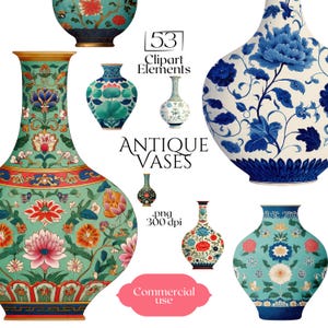 May include: A collection of antique vases in various shapes and sizes, featuring intricate floral patterns in shades of blue, green, red, and orange. The image includes the text "Antique Vases" and "Commercial use".
