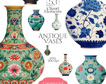 May include: A collection of antique vases in various shapes and sizes, featuring intricate floral patterns in shades of blue, green, red, and orange. The image includes the text "Antique Vases" and "Commercial use".