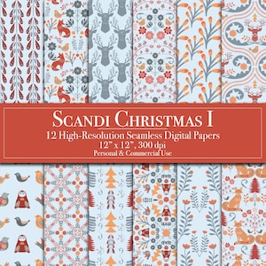 Carta digitale natalizia con arte popolare scandinava, scrapbooking digitale senza soluzione di continuità, uso commerciale, sfondo per diario spazzatura, biglietti stampabili, fai da te