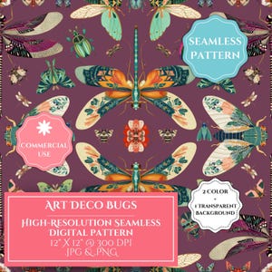 Puede incluir: Un patrón digital sin costuras que presenta varios insectos, incluyendo libélulas, escarabajos y polillas en tonos verde azulado, naranja y magenta sobre un fondo morado oscuro. El texto incluye SEAMLESS PATTERN, COMMERCIAL USE y ART DECO BUGS.