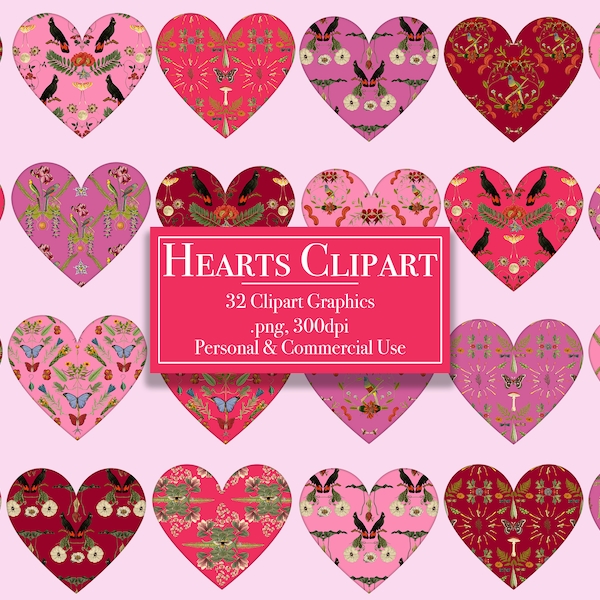 Floral Heart Clipart, Botanical Valentine's Heart Digital Images, PNG, Instant Download, Commercial Use, Bees Flower Birds Moths Butterflies