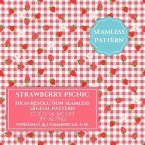 May include: A seamless digital pattern featuring red strawberries and white flowers on a pink and white gingham background. The pattern is 12 inches by 12 inches and 300 DPI. It is available in JPG and PNG formats. The text "STRAWBERRY PICNIC" is in a pink box at the top of the image. The text "SEAMLESS PATTERN" is in a blue circle at the top of the image.