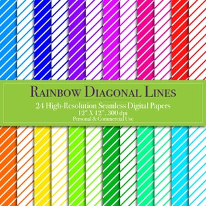 May include: A set of 24 digital papers featuring diagonal lines in a rainbow of colors. Each paper is 12 inches by 12 inches and 300 dpi.  "RAINBOW DIAGONAL LINES" and "24 High-Resolution Seamless Digital Papers" are written in the center of the image.